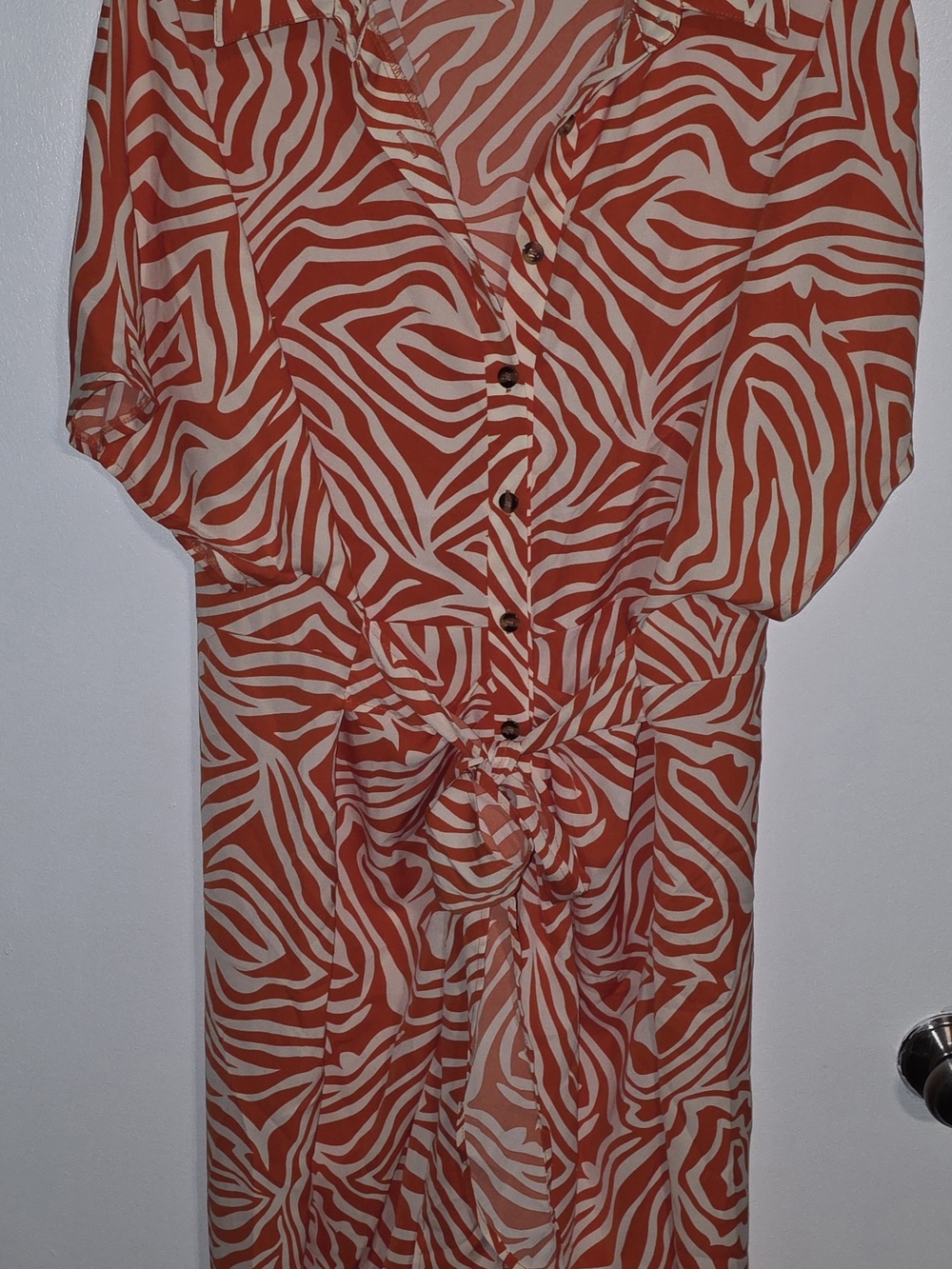 SHEIN Orange and Cream Zebra-Print Button Front Tie-Waist Tunic